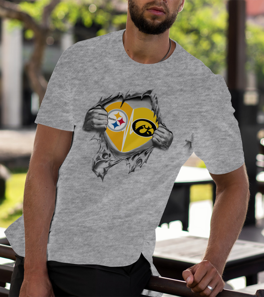 Steelers Hawkeyes Heartbeat Inside Layered Heart T-Shirt