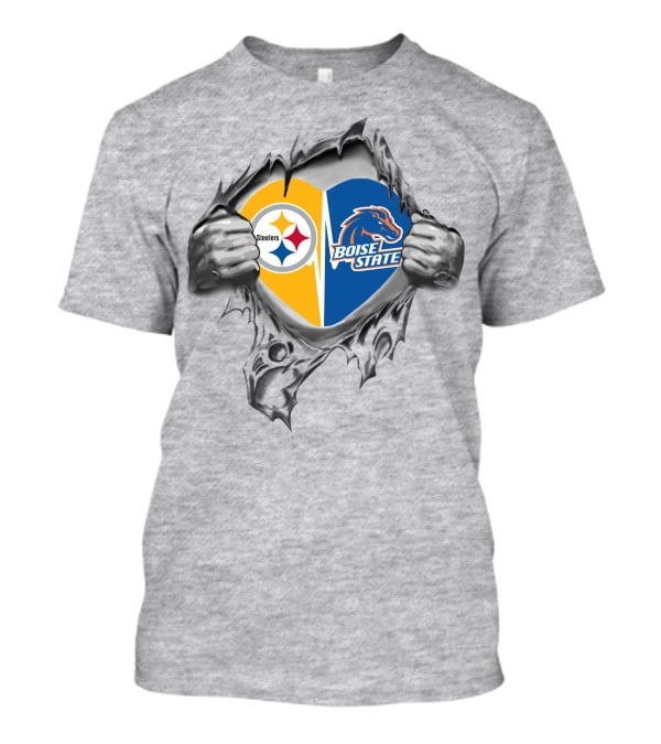 Steelers Boise State Heart With Logos And Ripped Hands T-Shirt