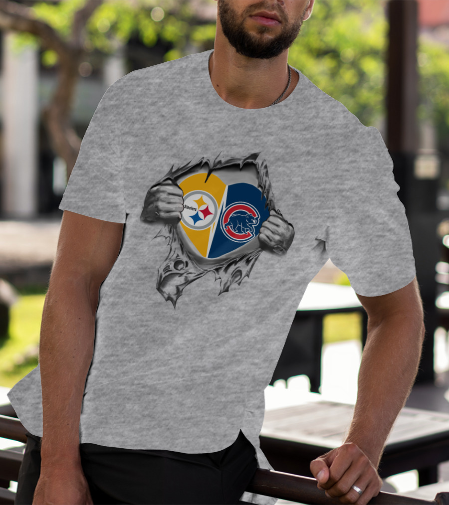 Steelers And Cubs Heart Design With Torn Steel Effect T-Shirt