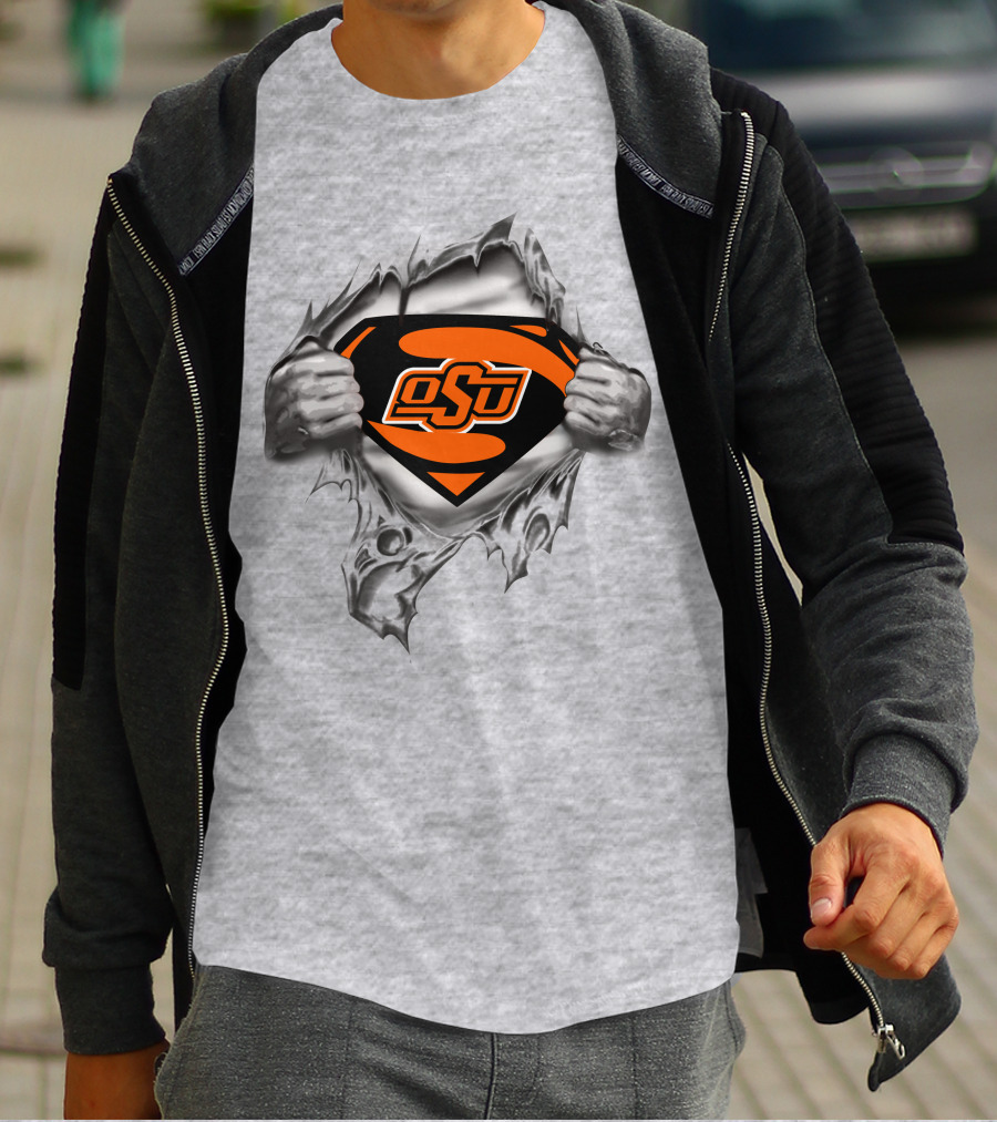Osu Oklahoma State Cowboys Super Man Logo Rip T-Shirt