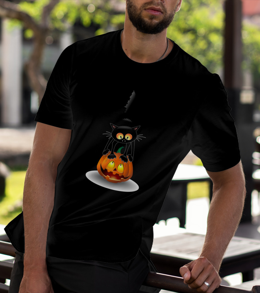 Disney Mickey Mouse Halloween Pumpkin Head With Black Cat Jack O'lantern T-Shirt