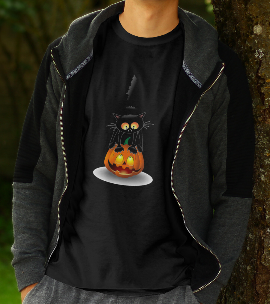 Disney Mickey Mouse Halloween Pumpkin Head With Black Cat Jack O'lantern T-Shirt