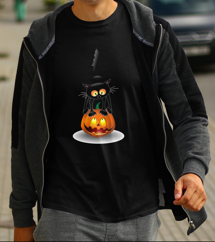 Disney Mickey Mouse Halloween Pumpkin Head With Black Cat Jack O'lantern T-Shirt