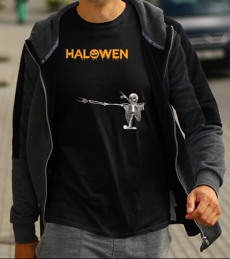 Halowen Skeleton Dabbing With Pumpkin Face T-Shirt