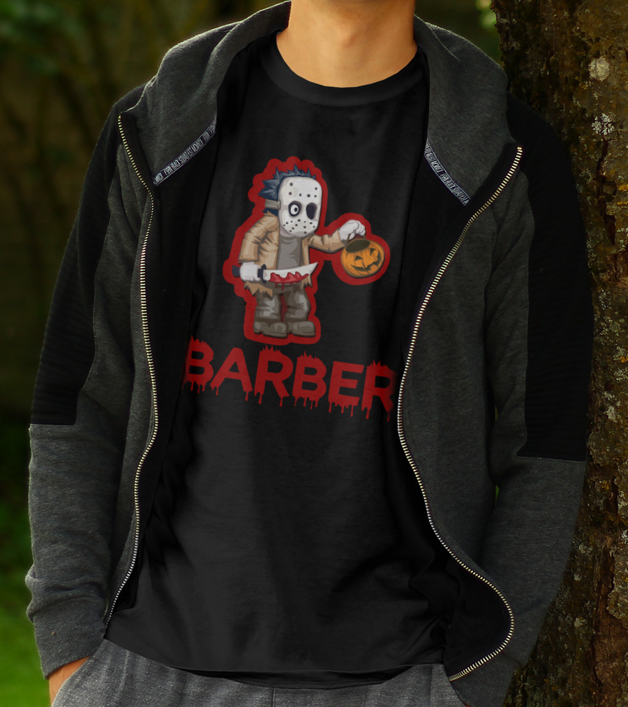 Halloween Barber Hairstylist Masked Horror With Pumpkin And Knife T-Shirt