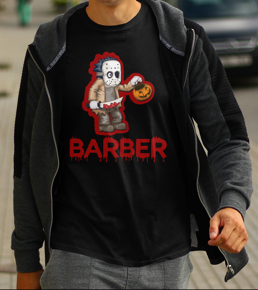 Halloween Barber Hairstylist Masked Horror With Pumpkin And Knife T-Shirt