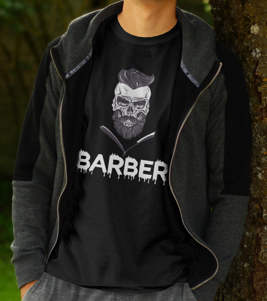 Barber Skull With Straight Razors Halloween Hairstylist T-Shirt