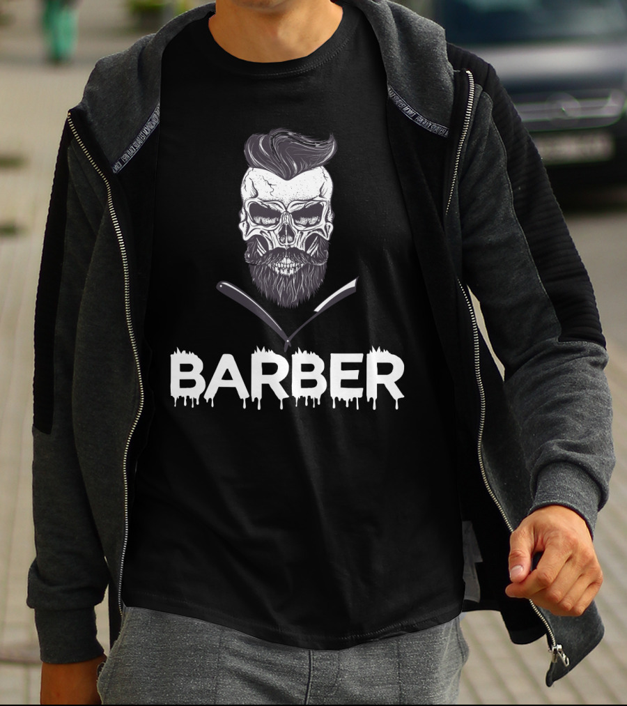 Barber Skull With Straight Razors Halloween Hairstylist T-Shirt