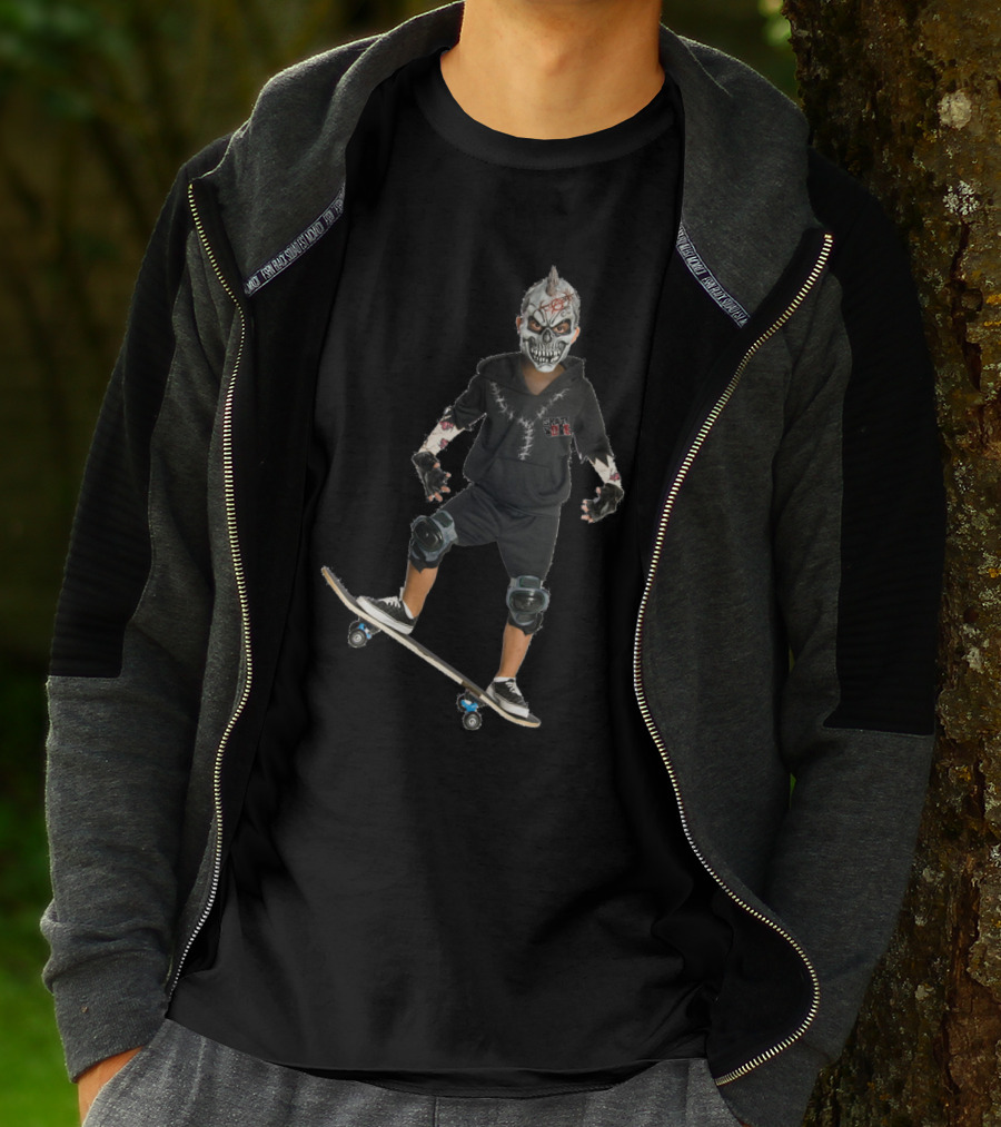 Halloween Costume Party Boy With Skull Mask On Skateboard T-Shirt