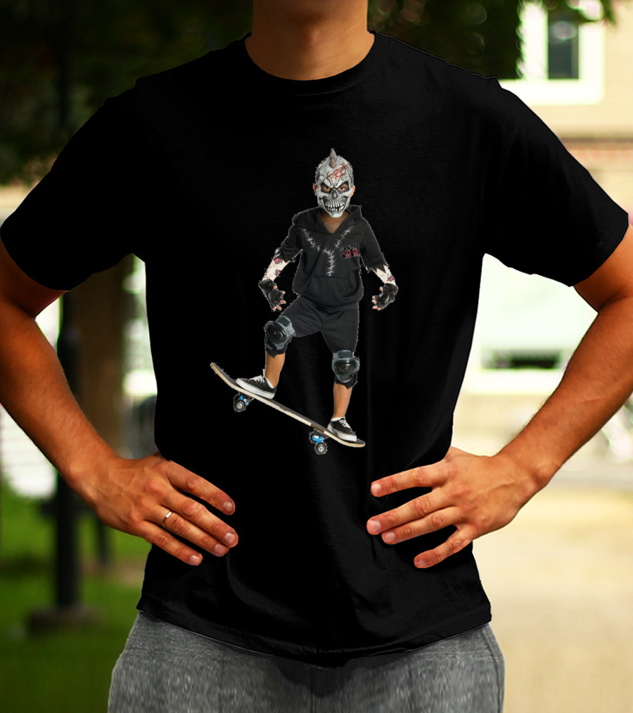 Halloween Costume Party Boy With Skull Mask On Skateboard T-Shirt