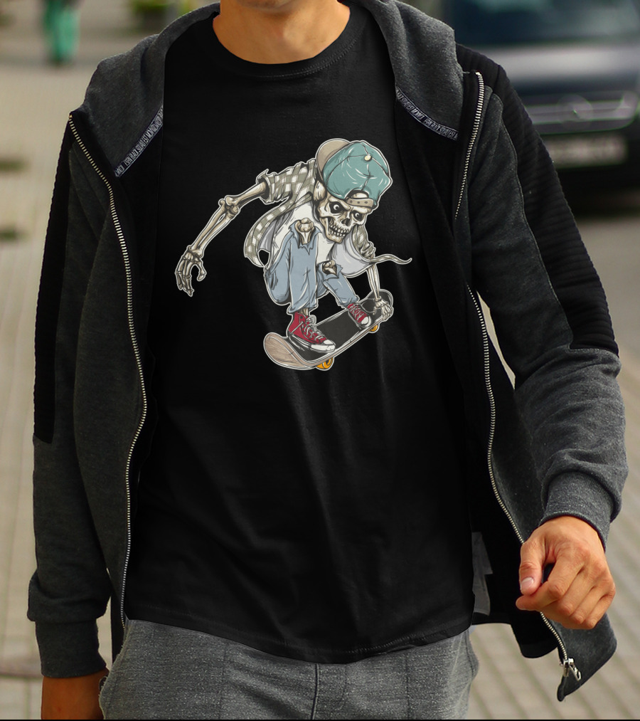 Halloween Skeleton Skateboarding Skull Trick Urban Streetwear T-Shirt