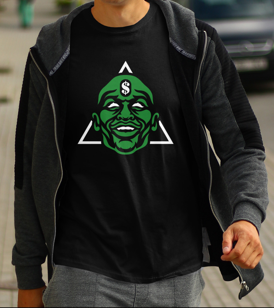 Green Smiling Face With Dollar Sign And White Triangle T-Shirt