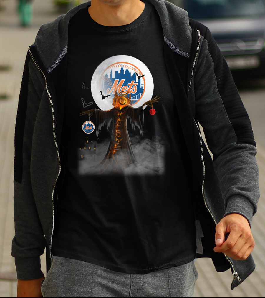 New York Mets Pumpkin Head Halloween Theme With Moon, Bats, And Spooky Castle T-Shirt
