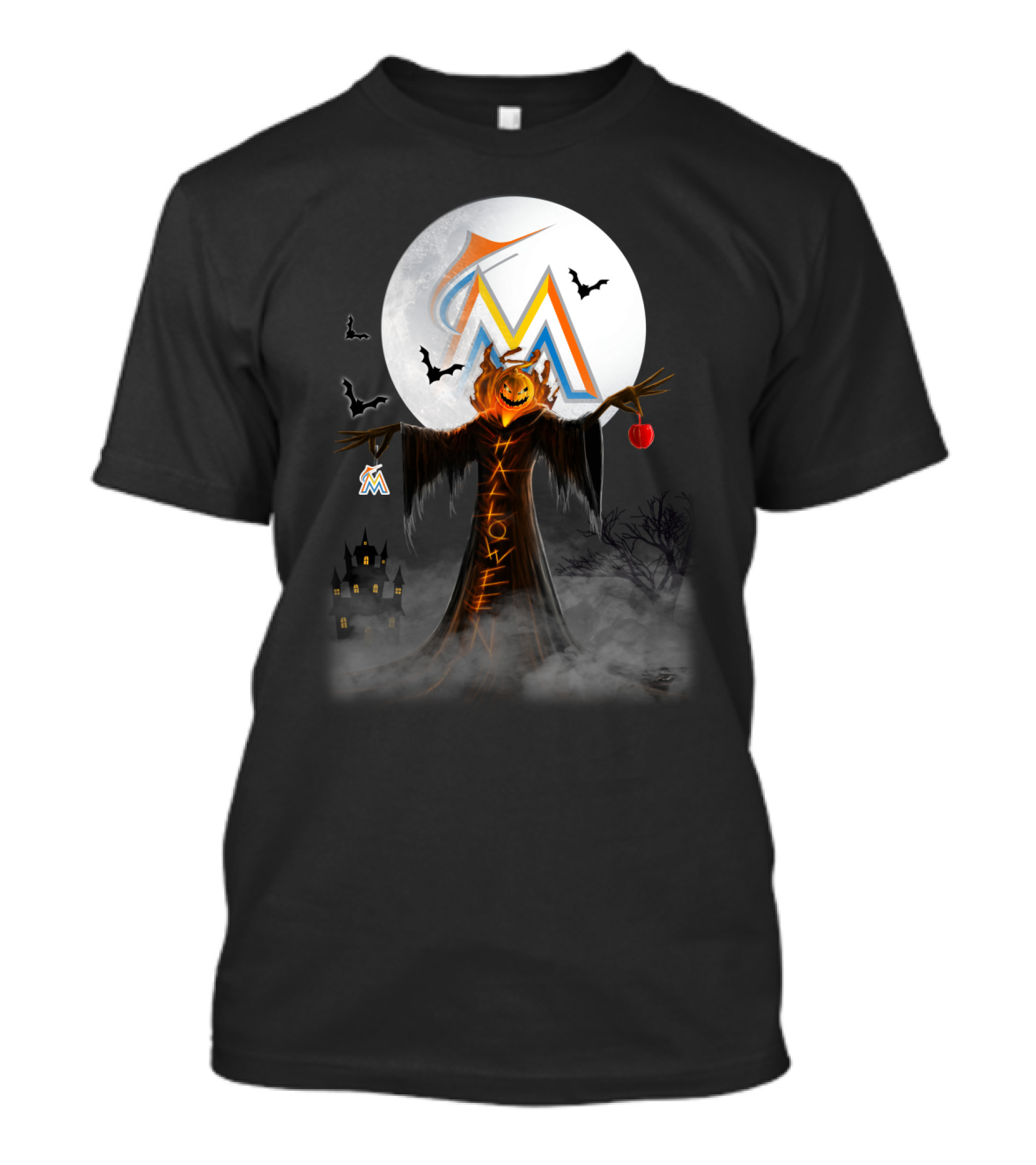 Halloween Miami Marlins Pumpkin Moon Bats And Haunted Castle T-Shirt