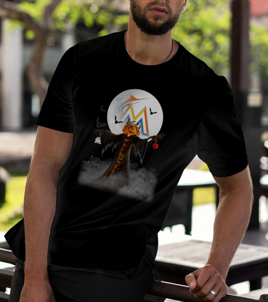 Halloween Miami Marlins Pumpkin Moon Bats And Haunted Castle T-Shirt