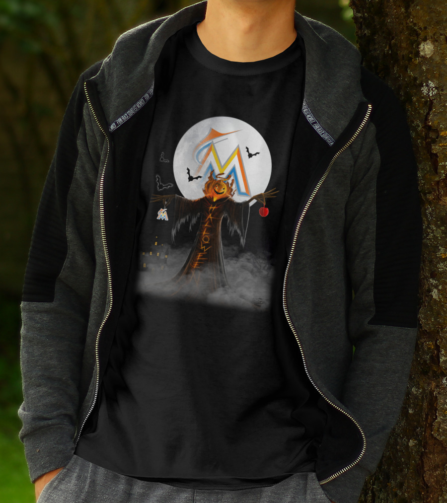 Halloween Miami Marlins Pumpkin Moon Bats And Haunted Castle T-Shirt