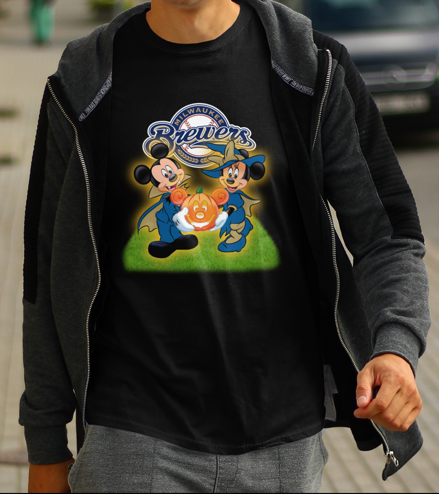 Milwaukee Brewers Halloween Mickey Mouse And Minnie Pumpkin T-Shirt