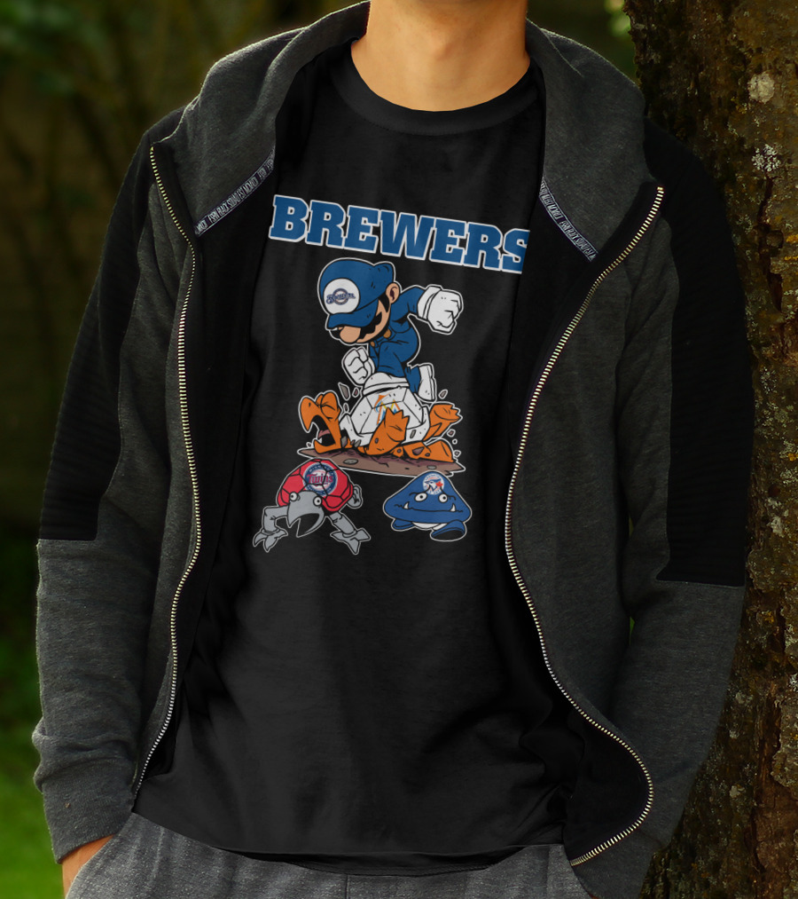 Brewers Cartoon Character In Blue Cap Stomping Orange And Red Creatures T-Shirt