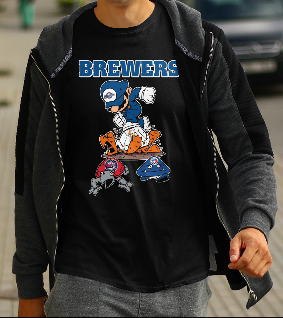 Brewers Cartoon Character In Blue Cap Stomping Orange And Red Creatures T-Shirt