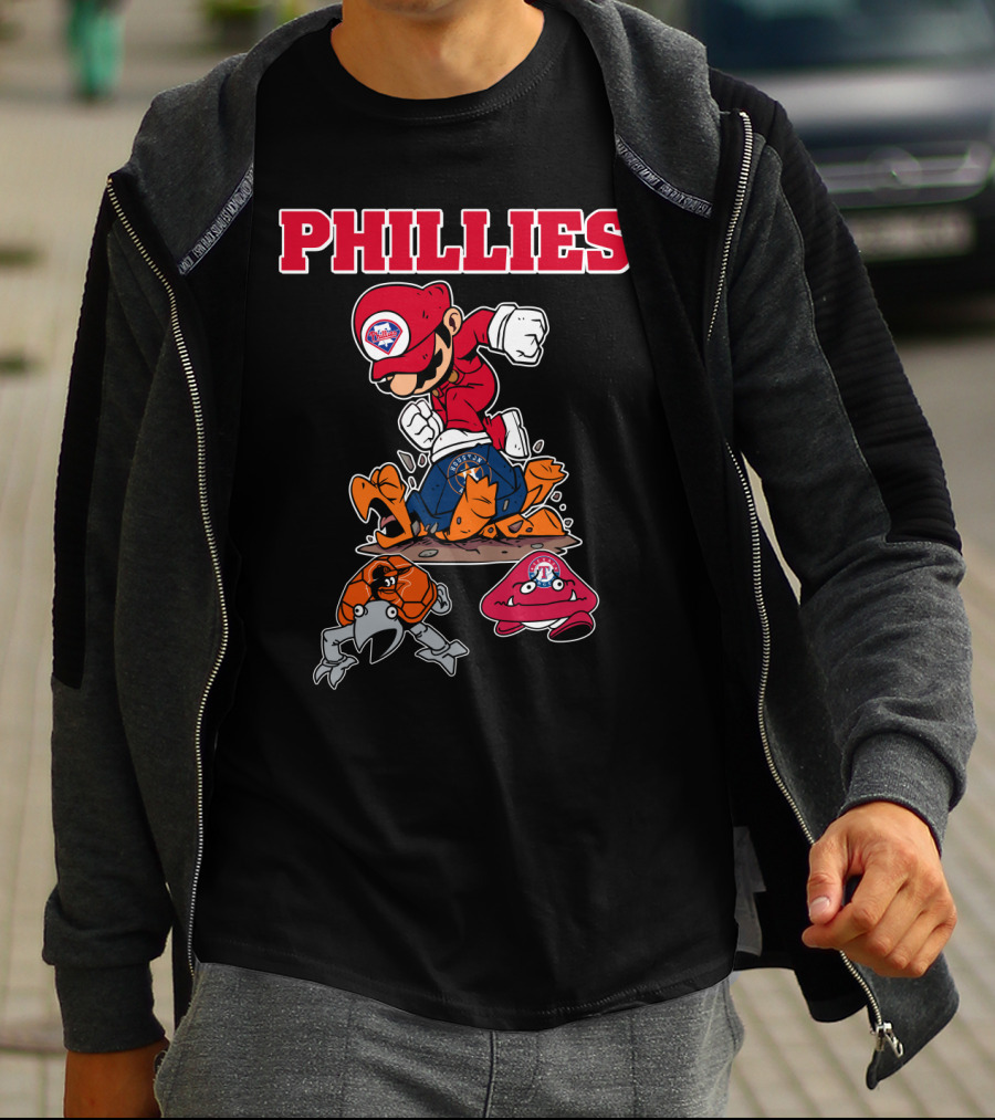Phillies Mario-Inspired Design With Crab And Hat Characters T-Shirt