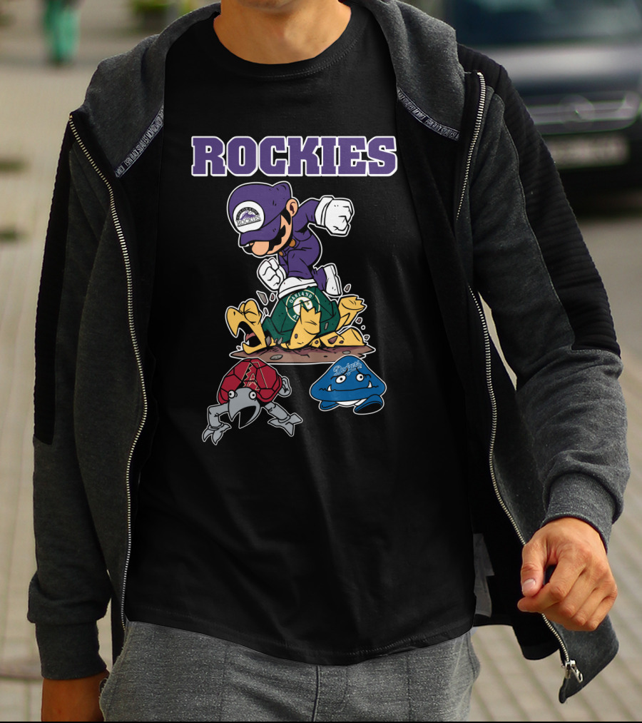 Rockies Character Action With Opponents In Green Yellow Red Blue Gear T-Shirt