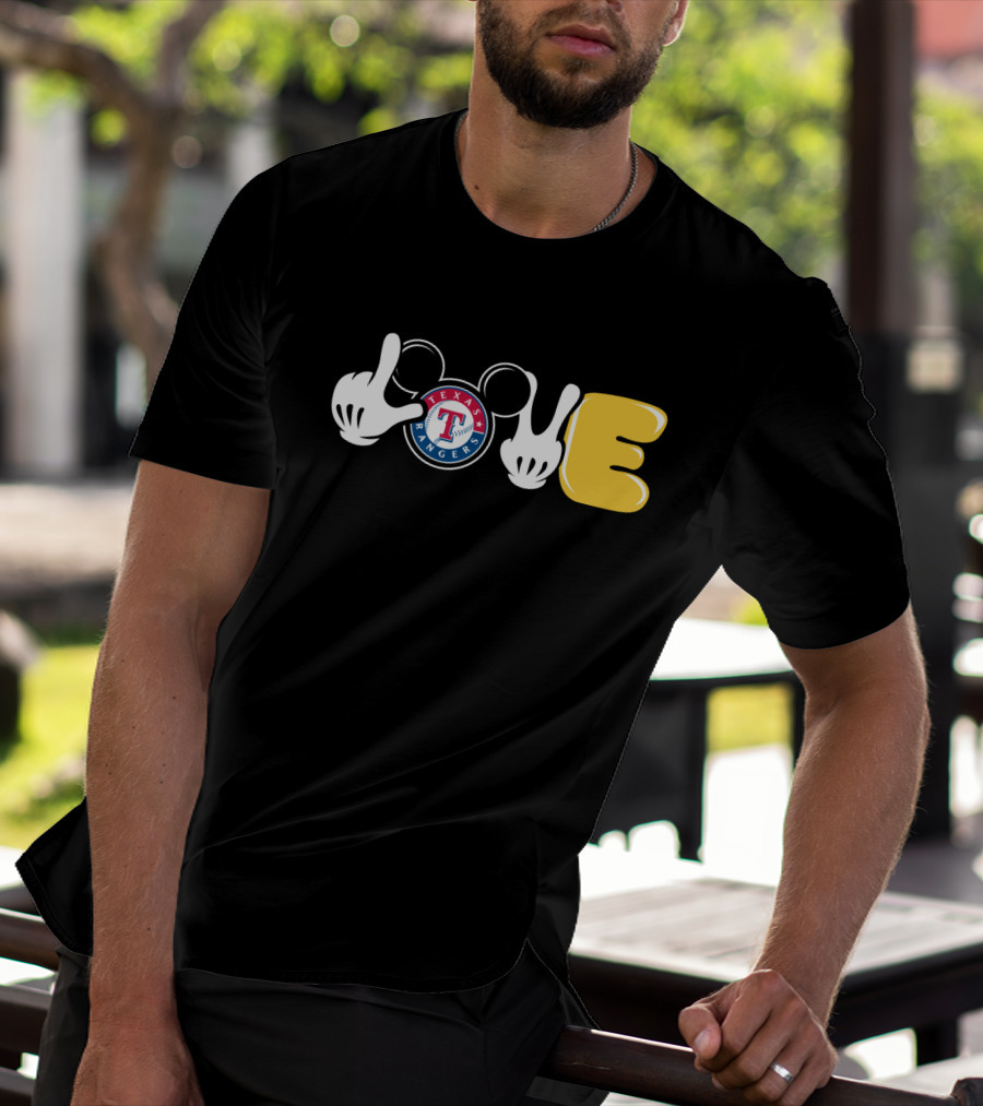 Love Texas Rangers Mickey Mouse Ears And Gloves T-Shirt