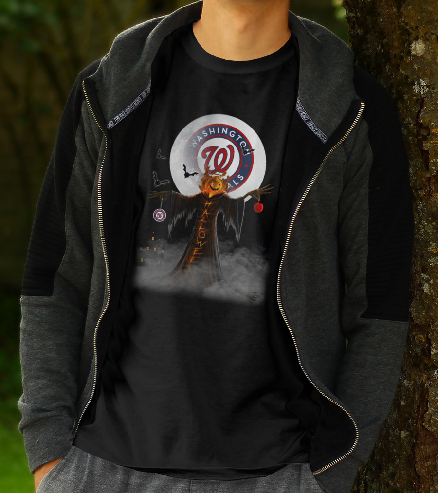 Washington Nationals Halloween Pumpkin Scarecrow With Bats And Full Moon T-Shirt