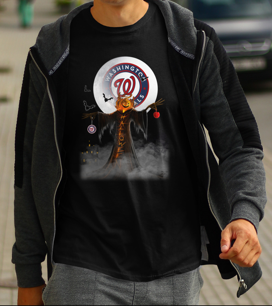 Washington Nationals Halloween Pumpkin Scarecrow With Bats And Full Moon T-Shirt