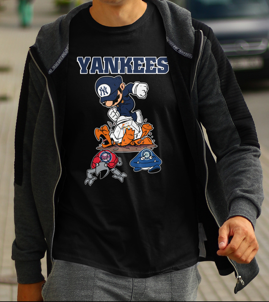 Yankees Cartoon Character In New York Baseball Cap Stomping Rival Mascots T-Shirt