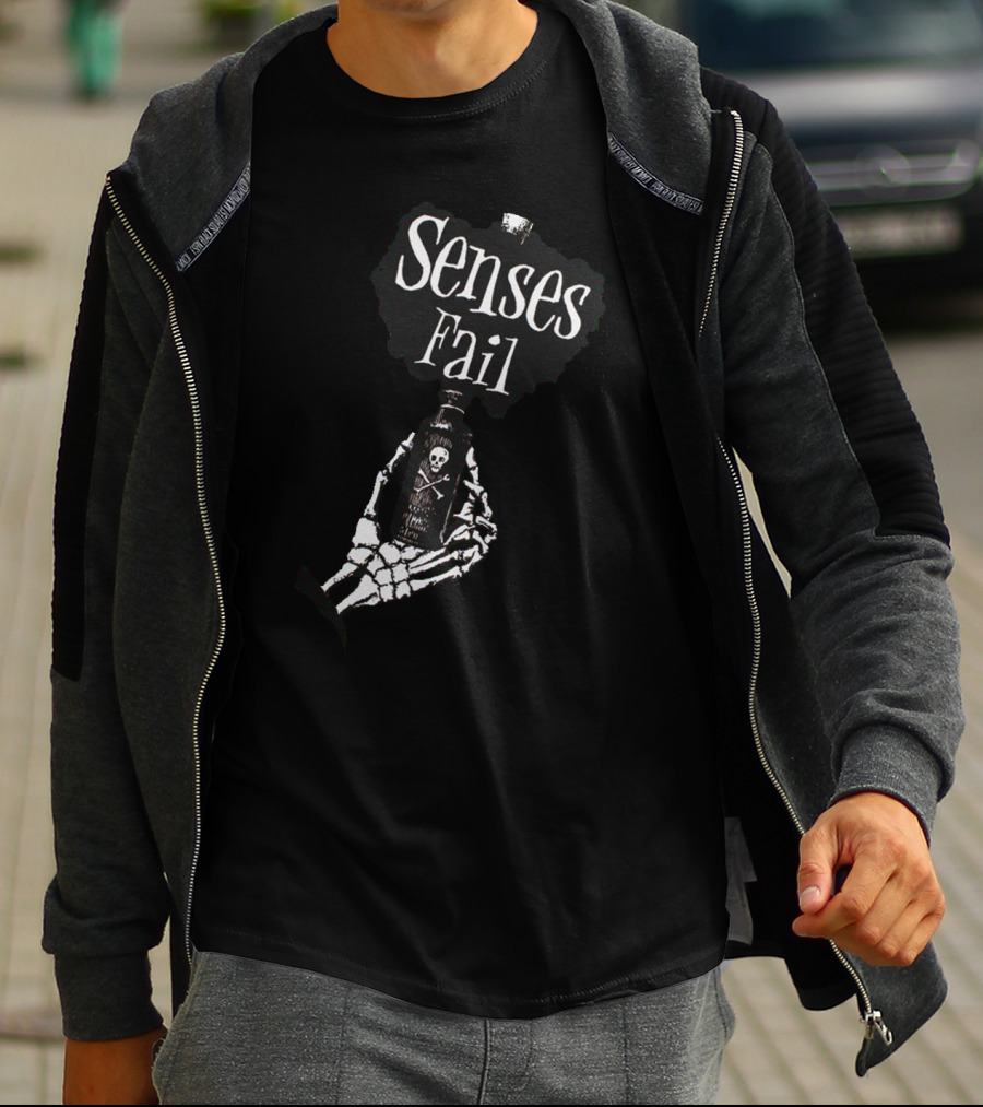 Senses Fail Skeleton Hand Holding Poison Bottle T-Shirt