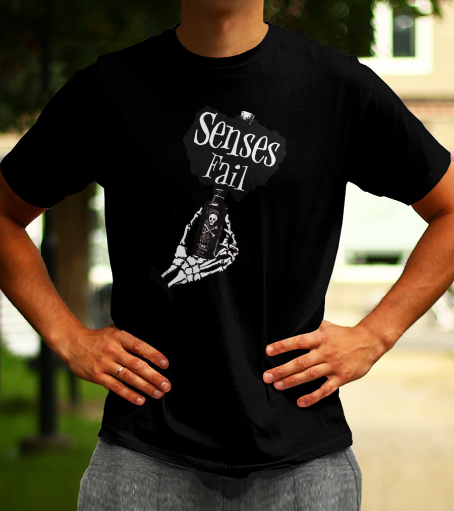 Senses Fail Skeleton Hand Holding Poison Bottle T-Shirt