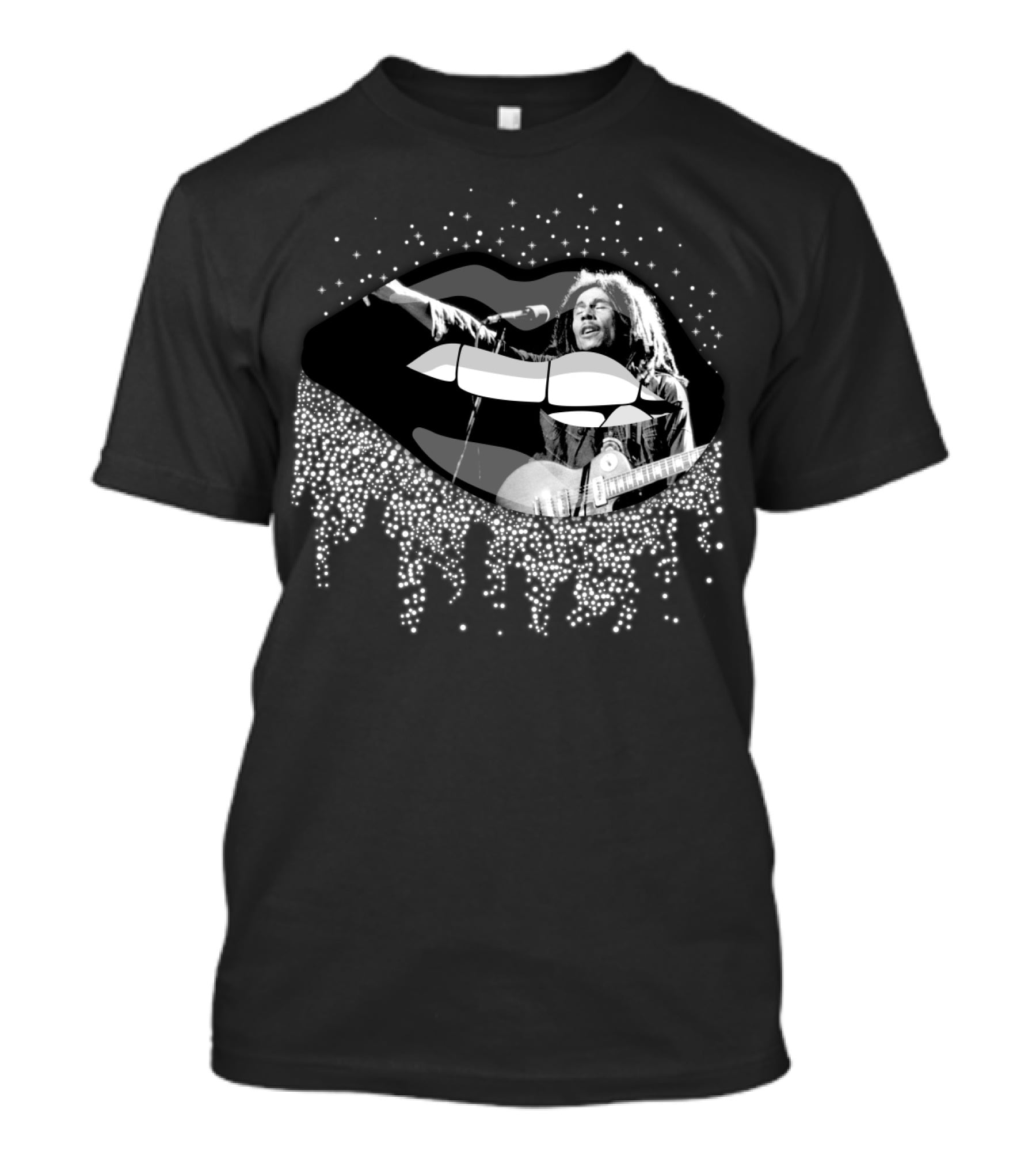 Bob Marley Black And White Lips With Guitar And Sparkle T-Shirt