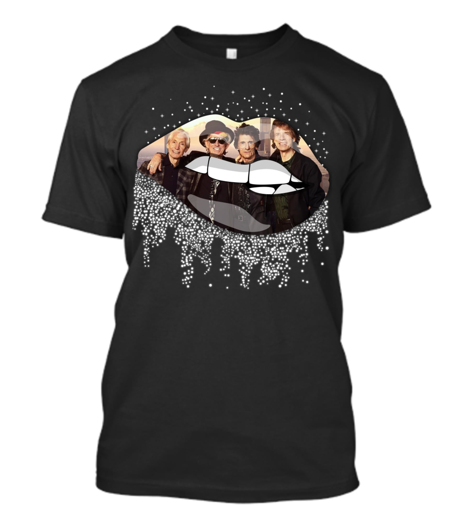 The Rolling Stones Classic Band Photo With Iconic Tongue And Lips Dripping T-Shirt