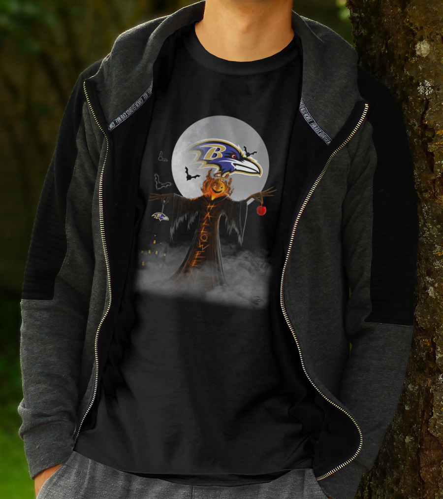 Baltimore Ravens Halloween Moon With Scarecrow And Pumpkin Head T-Shirt