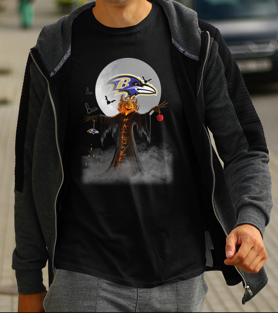 Baltimore Ravens Halloween Moon With Scarecrow And Pumpkin Head T-Shirt