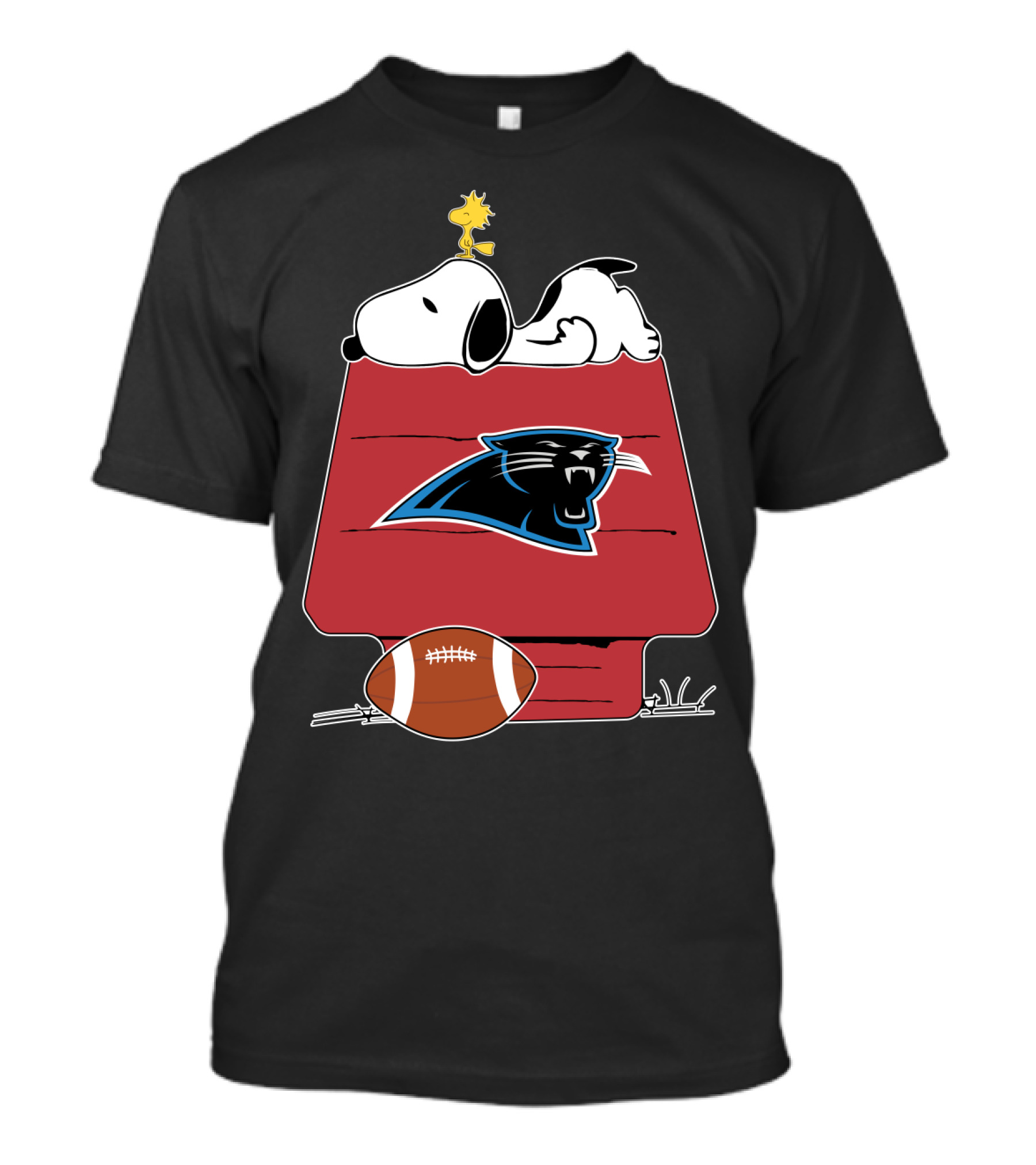 Snoopy And Woodstock On Doghouse With Carolina Panthers Logo And Football T-Shirt
