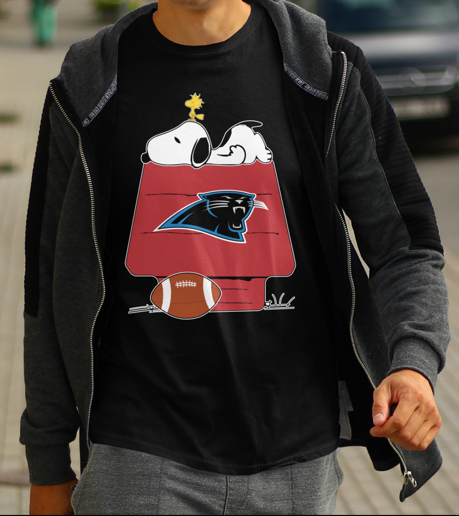 Snoopy And Woodstock On Doghouse With Carolina Panthers Logo And Football T-Shirt