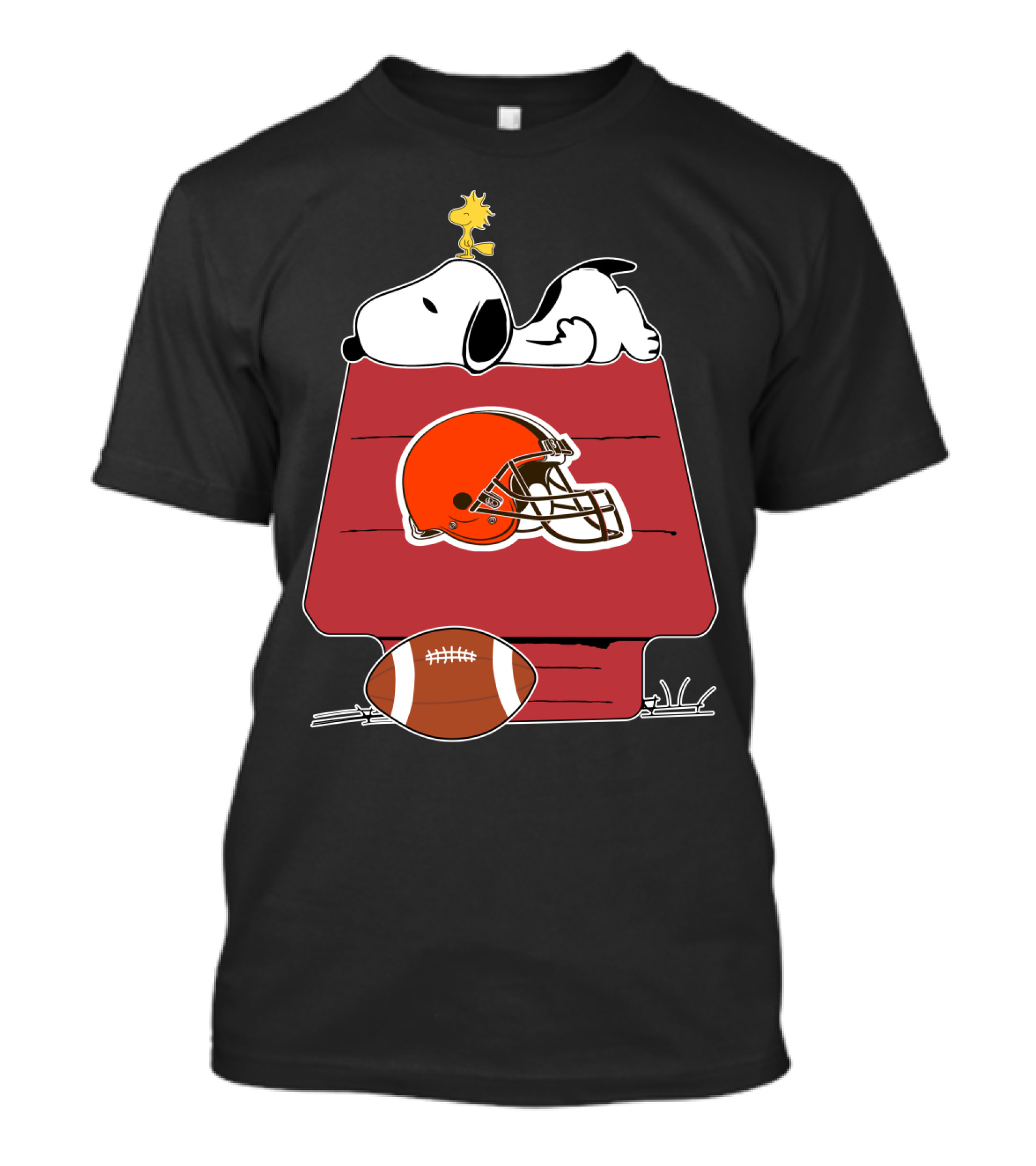 Snoopy And Woodstock On Doghouse With Cleveland Browns Helmet And Football T-Shirt
