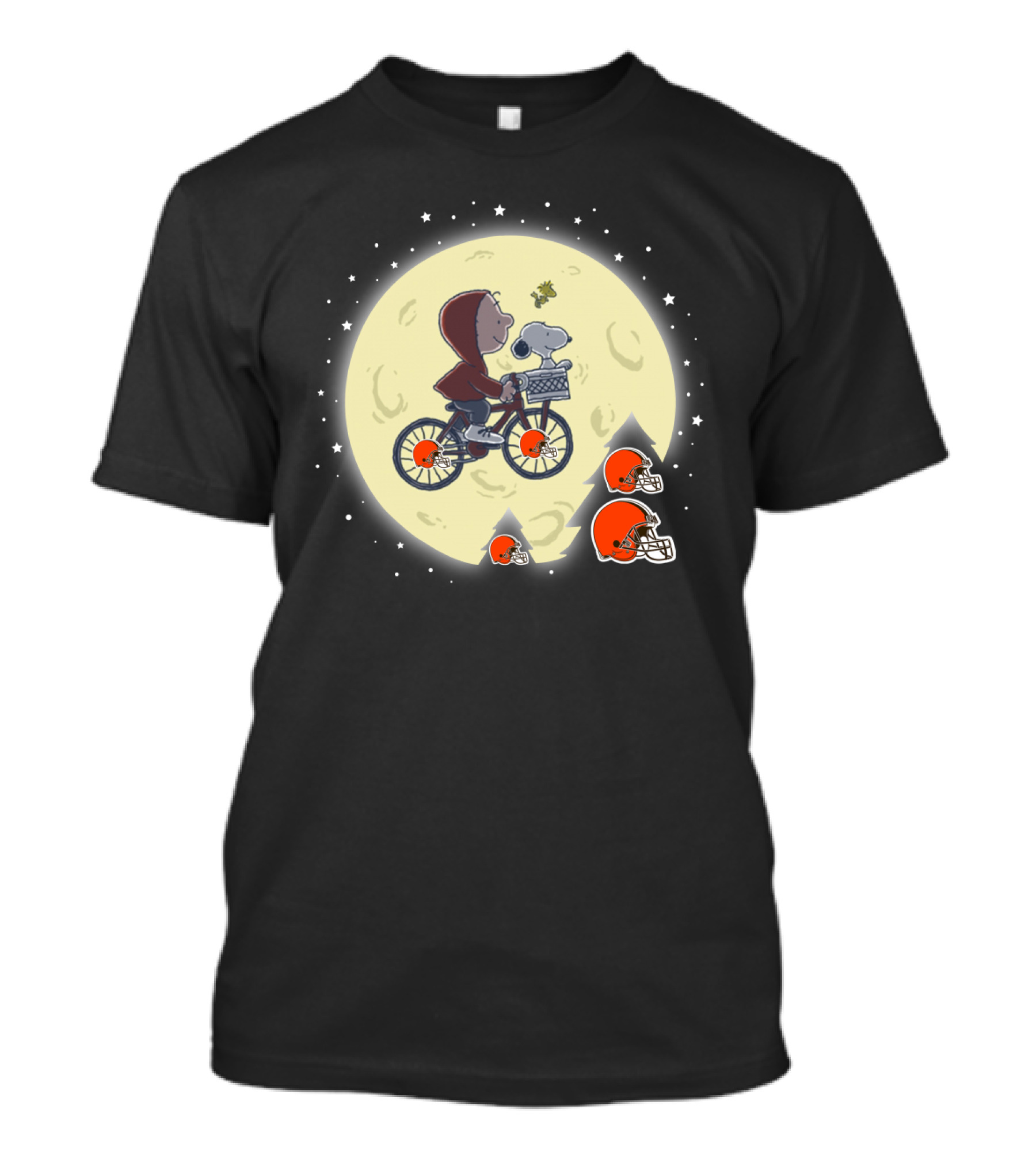 Cleveland Browns Peanuts Parody Snoopy And Woodstock Bike Ride Moon Scene T-Shirt
