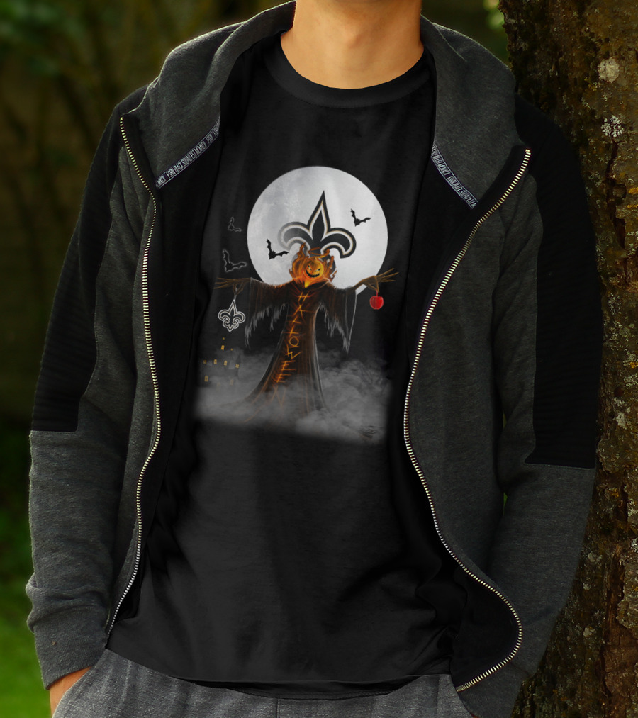 New Orleans Saints Halloween Pumpkin Head With Crescent Moon And Bats T-Shirt
