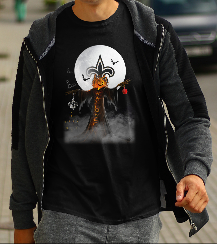 New Orleans Saints Halloween Pumpkin Head With Crescent Moon And Bats T-Shirt
