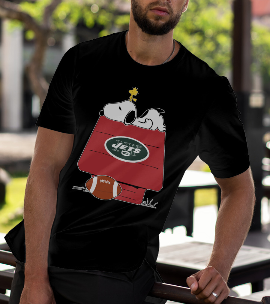 Snoopy On Doghouse With New York Jets Football Logo And Woodstock T-Shirt