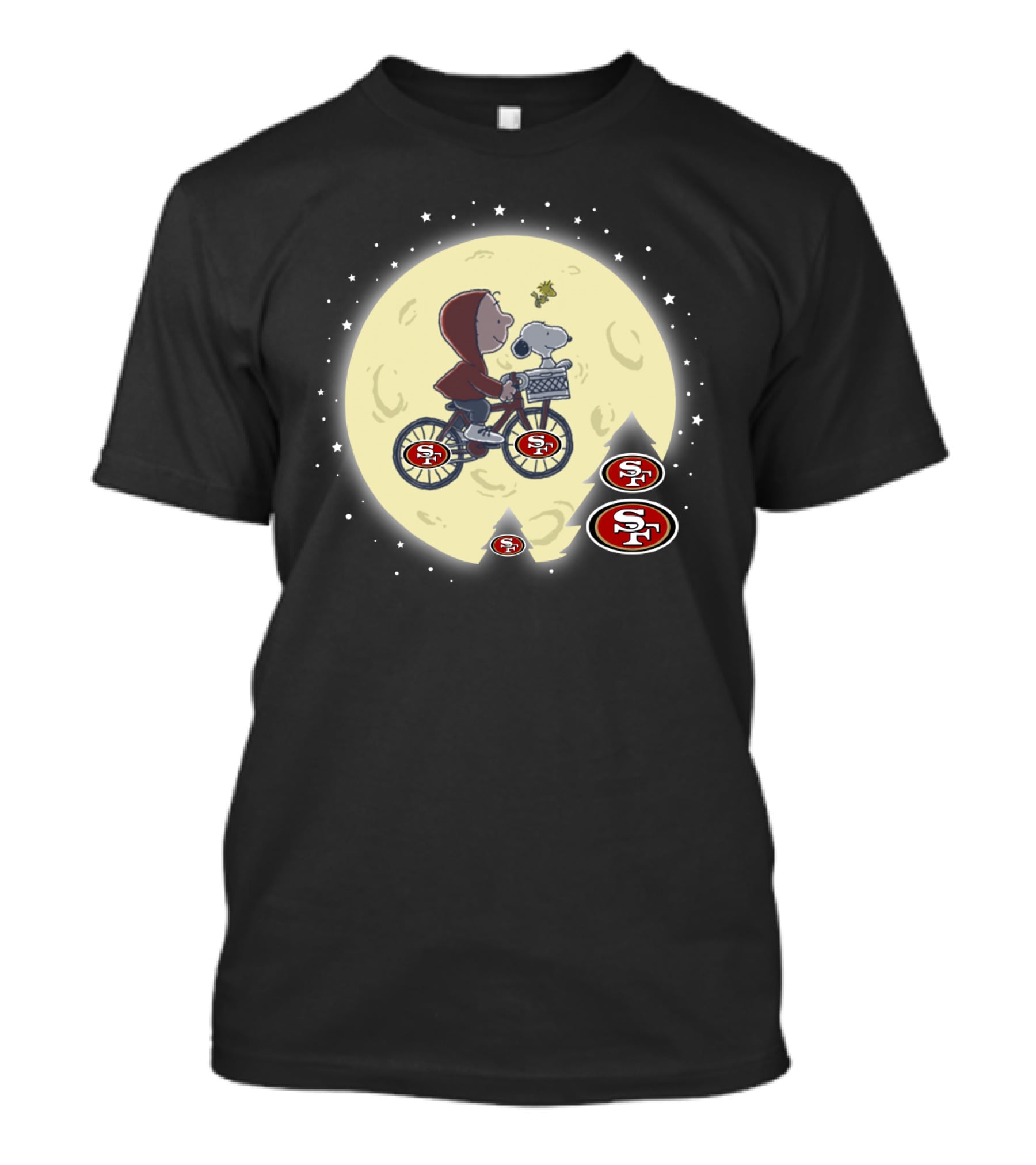 Halloween San Francisco 49ers Peanuts E.t. Moon Parody With Child And Dog On Bicycle T-Shirt