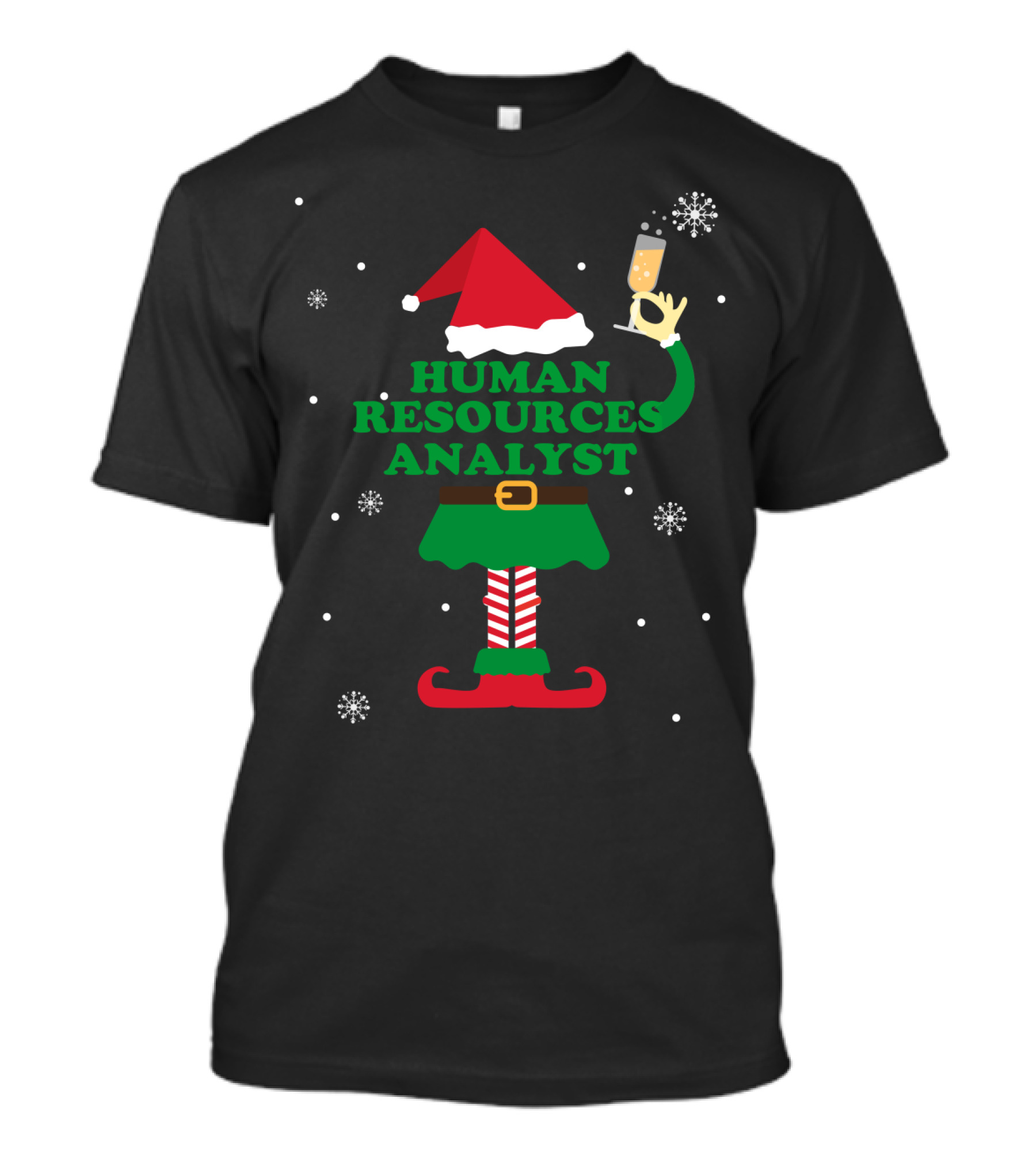 Human Resources Analyst Elf With Champagne Holiday Theme Snowflakes T-Shirt