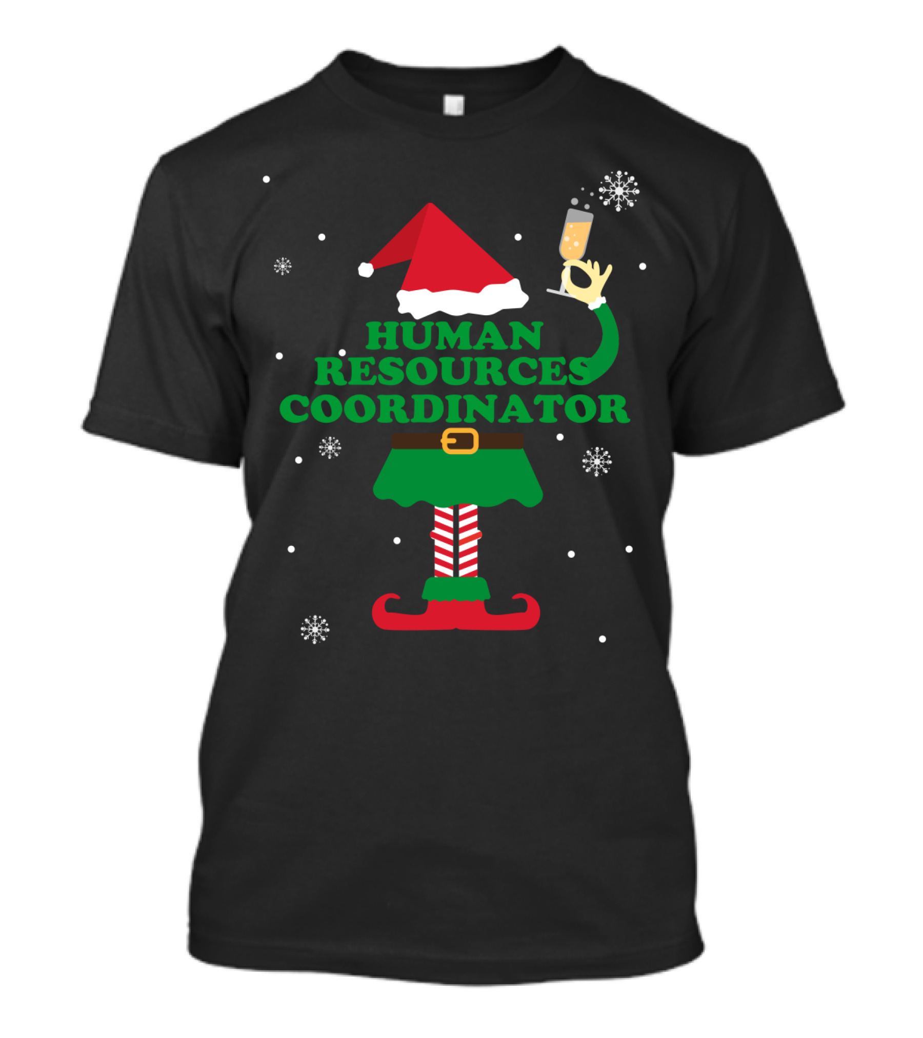Human Resources Coordinator Elf With Champagne And Santa Hat T-Shirt