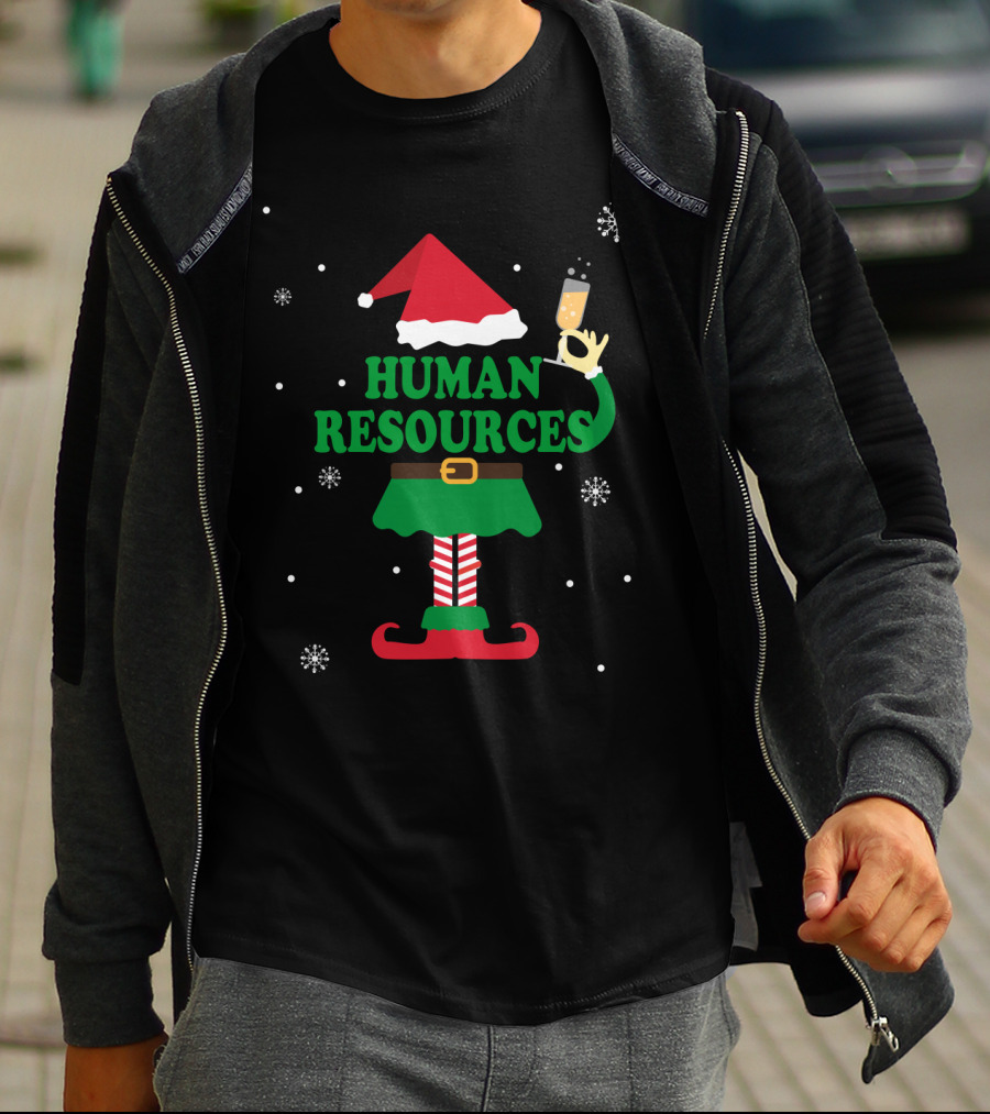 Festive Elf Outfit With Champagne And Human Resources Text T-Shirt