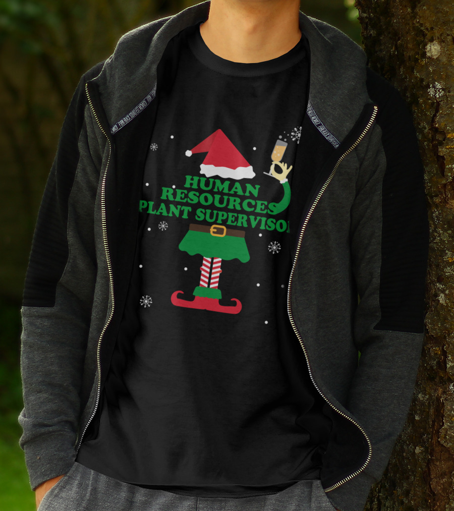 Human Resources Plant Supervisor Elf Santa Hat Snowflakes Champagne Cheers T-Shirt