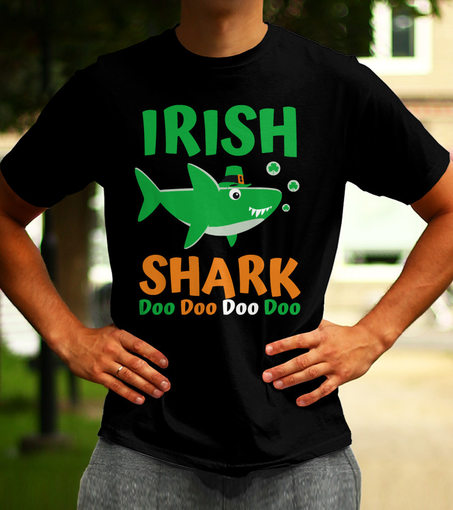 Irish Shark Doo Doo Doo St. Patrick's Day Fun With Leprechaun Hat And Shamrocks T-Shirt