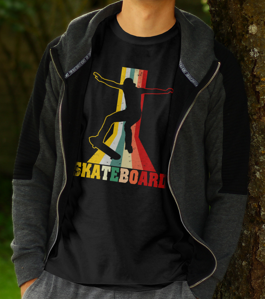 Retro Skateboard Silhouette With Vintage Color Stripes T-Shirt
