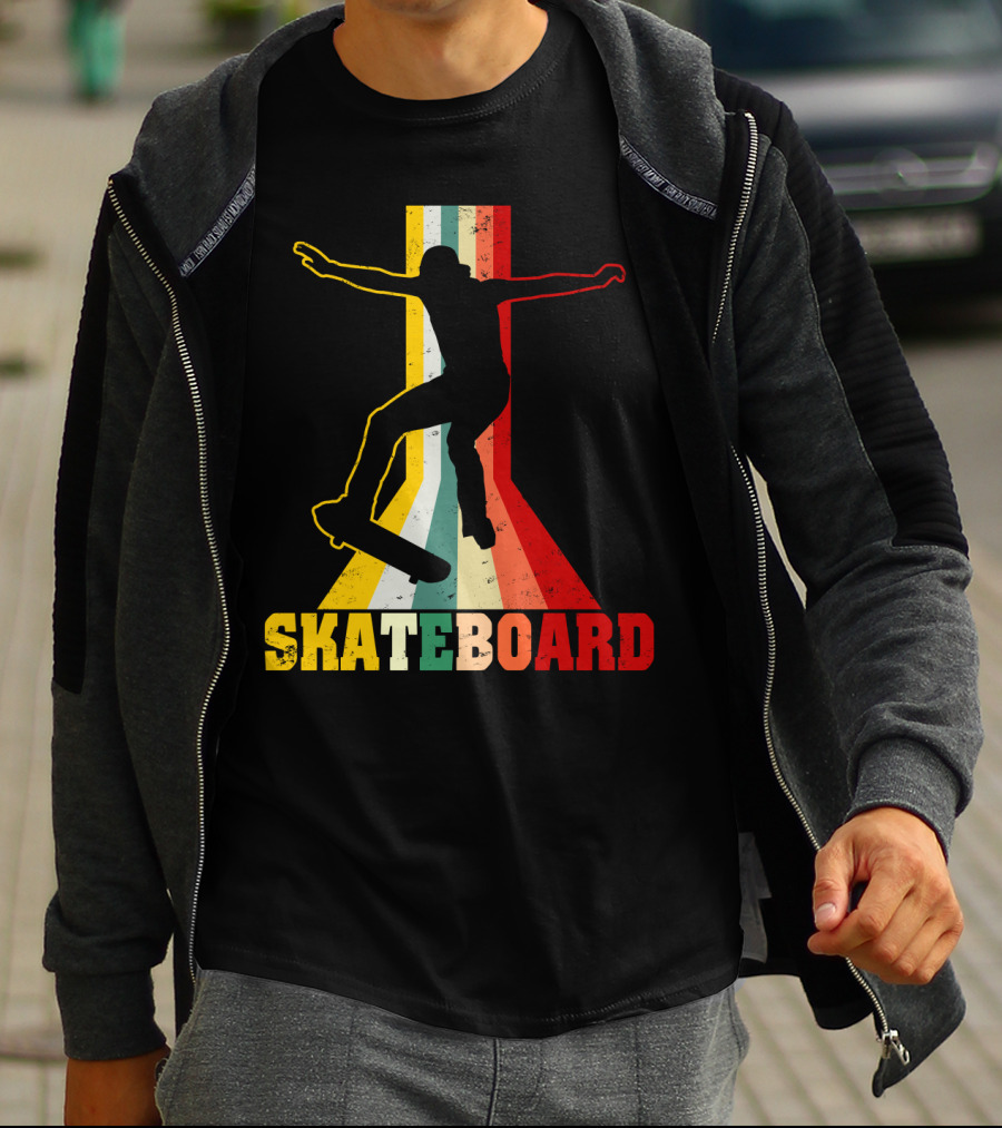 Retro Skateboard Silhouette With Vintage Color Stripes T-Shirt